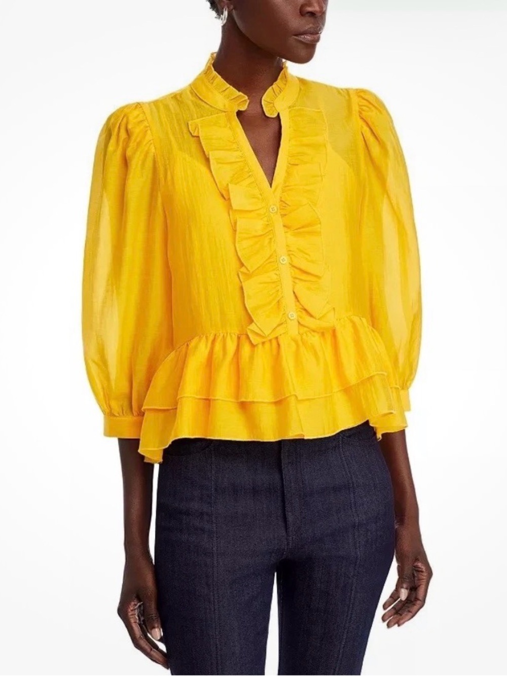 Karl Lagerfeld Paris Sheer Yellow Ruffled Blouse Puff Sleeve Estimated Size L